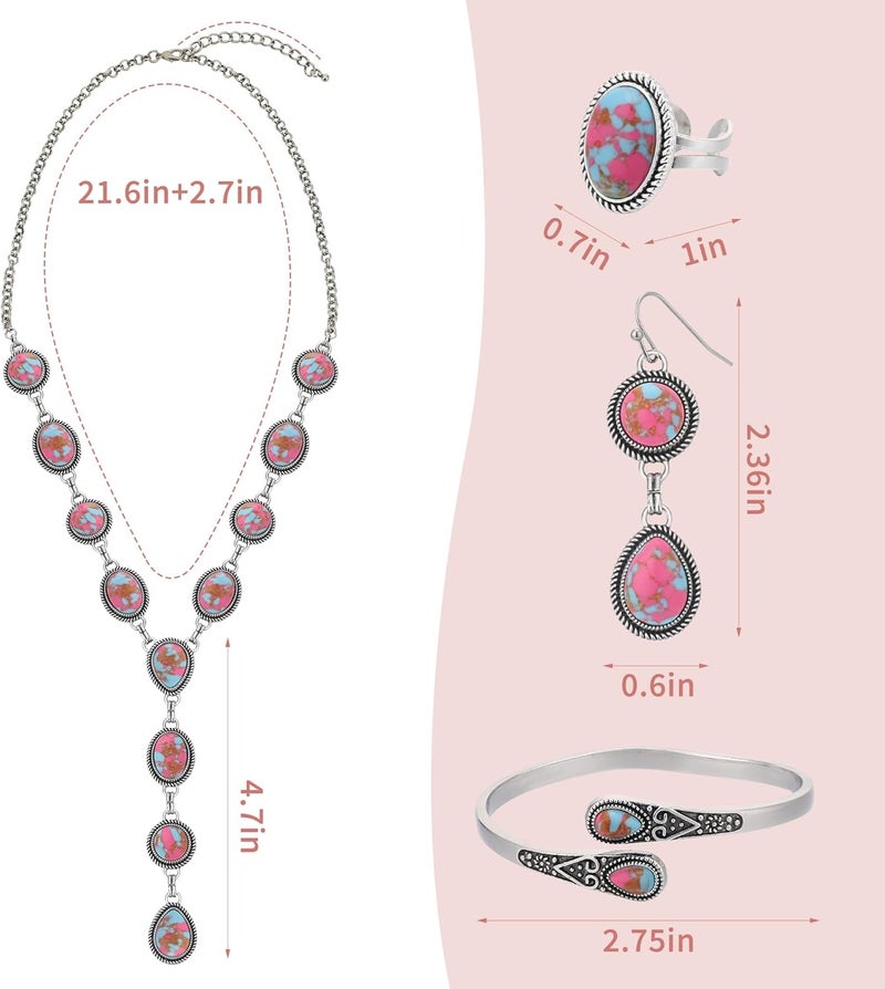 JMScape 4 PCS Western Turquoise Jewelry for Women Boho Vintage Navajo Pearl Necklace Earring Bracelet Ring Set Country Cowgirl Accessories for Gift - Image 5